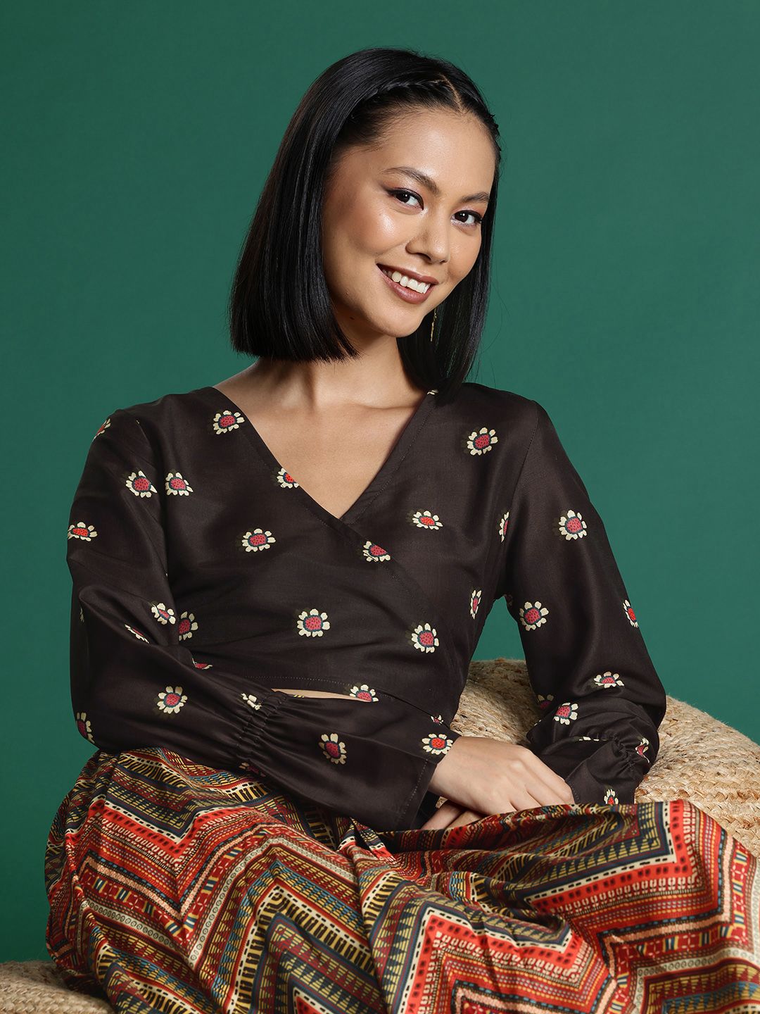 Sangria Printed Crop Top With Pleated Skirt Co-Ords