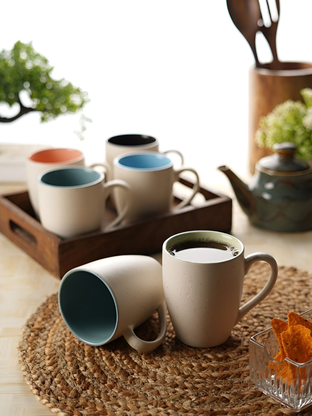 Aura White & Peach-Coloured 6 Pieces Ceramic Glossy Mugs 300 ml-picture-30