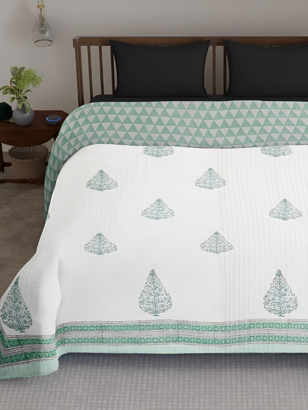 Peepul Tree White & Green Floral Printed King Cotton 300 TC Reversible Bed Cover-image-39