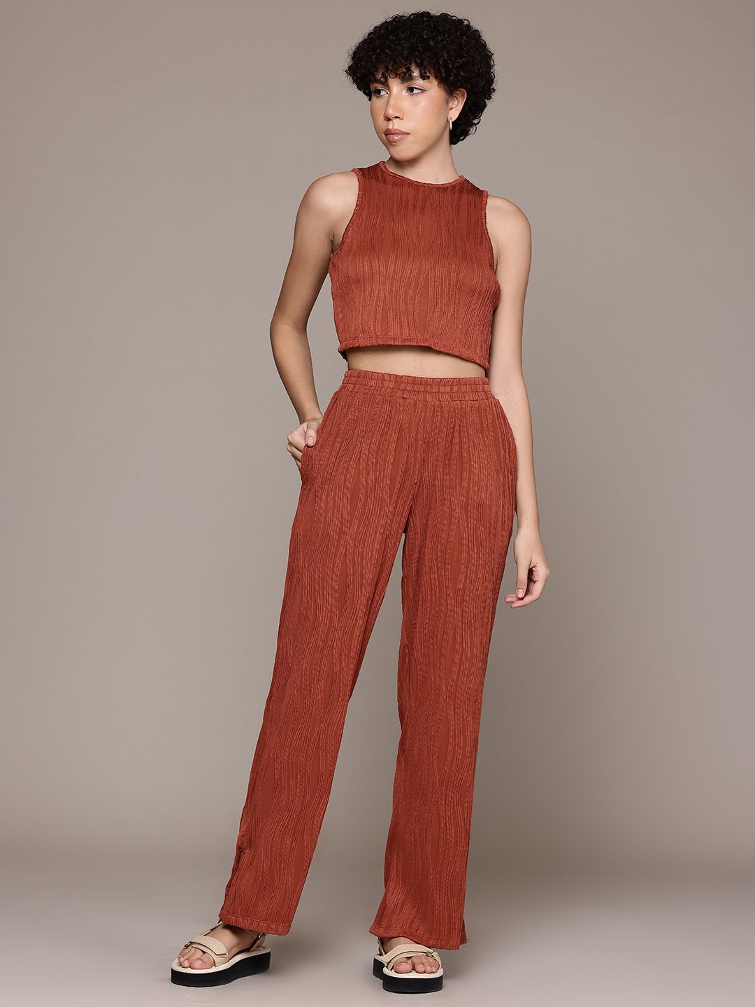 The Roadster Lifestyle Co. Plisse-Detail Top with Trouser Co-Ords