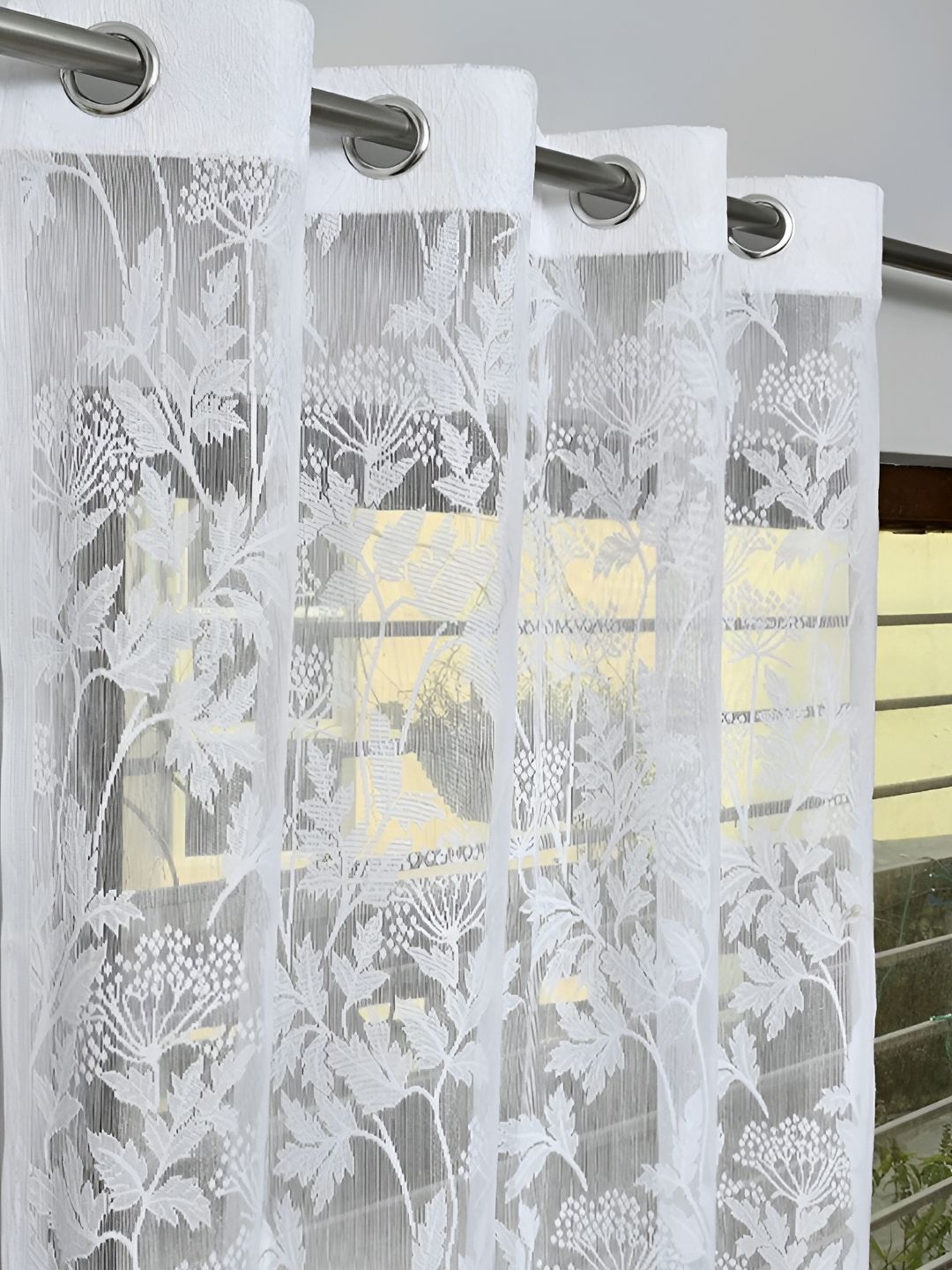 RIDHAAN White 2Pcs Floral Sheer Eyelet Window Curtains-image-2