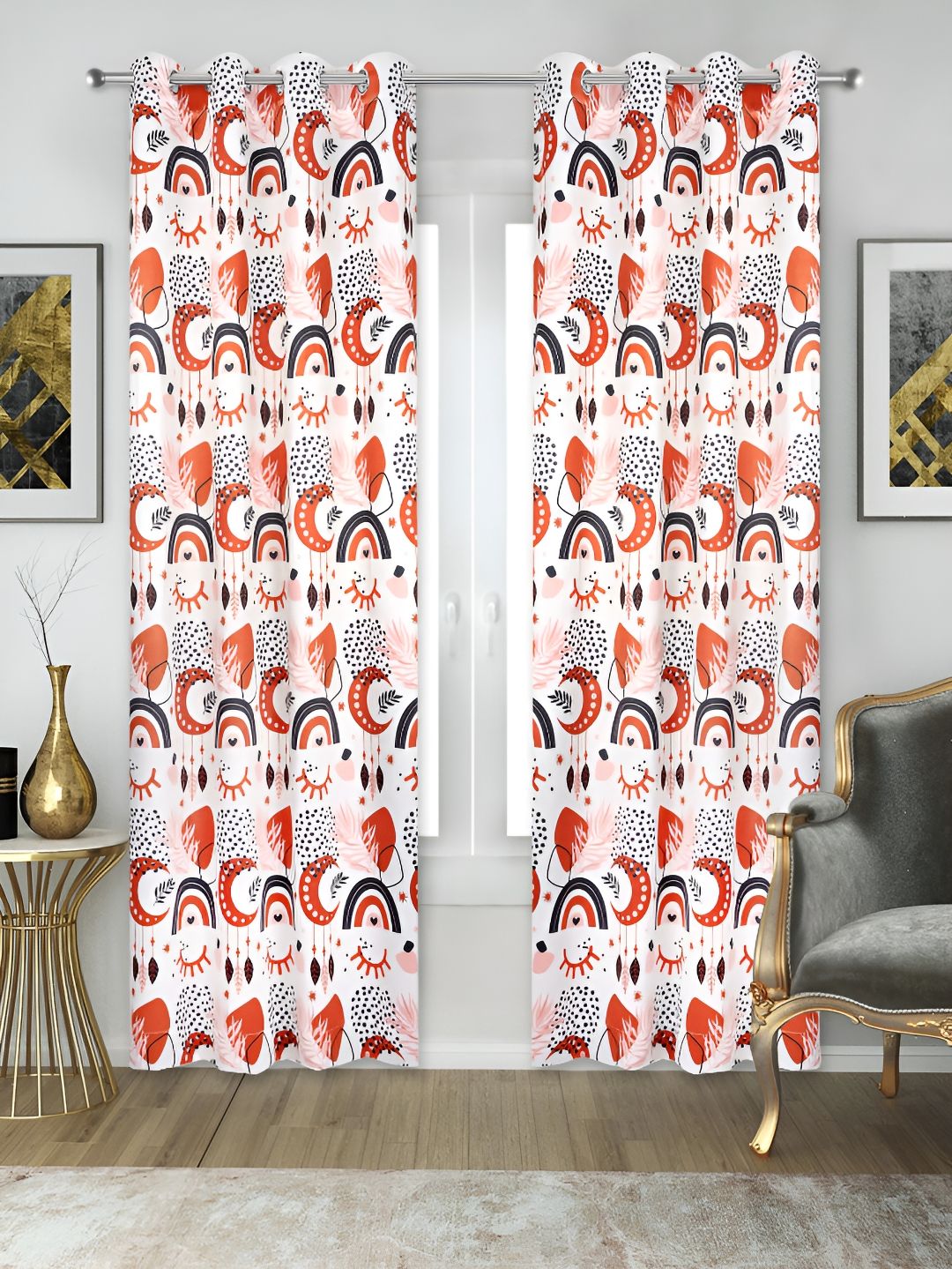 Vendola Orange & White 2 Pcs Black Out Window Curtain-image-15