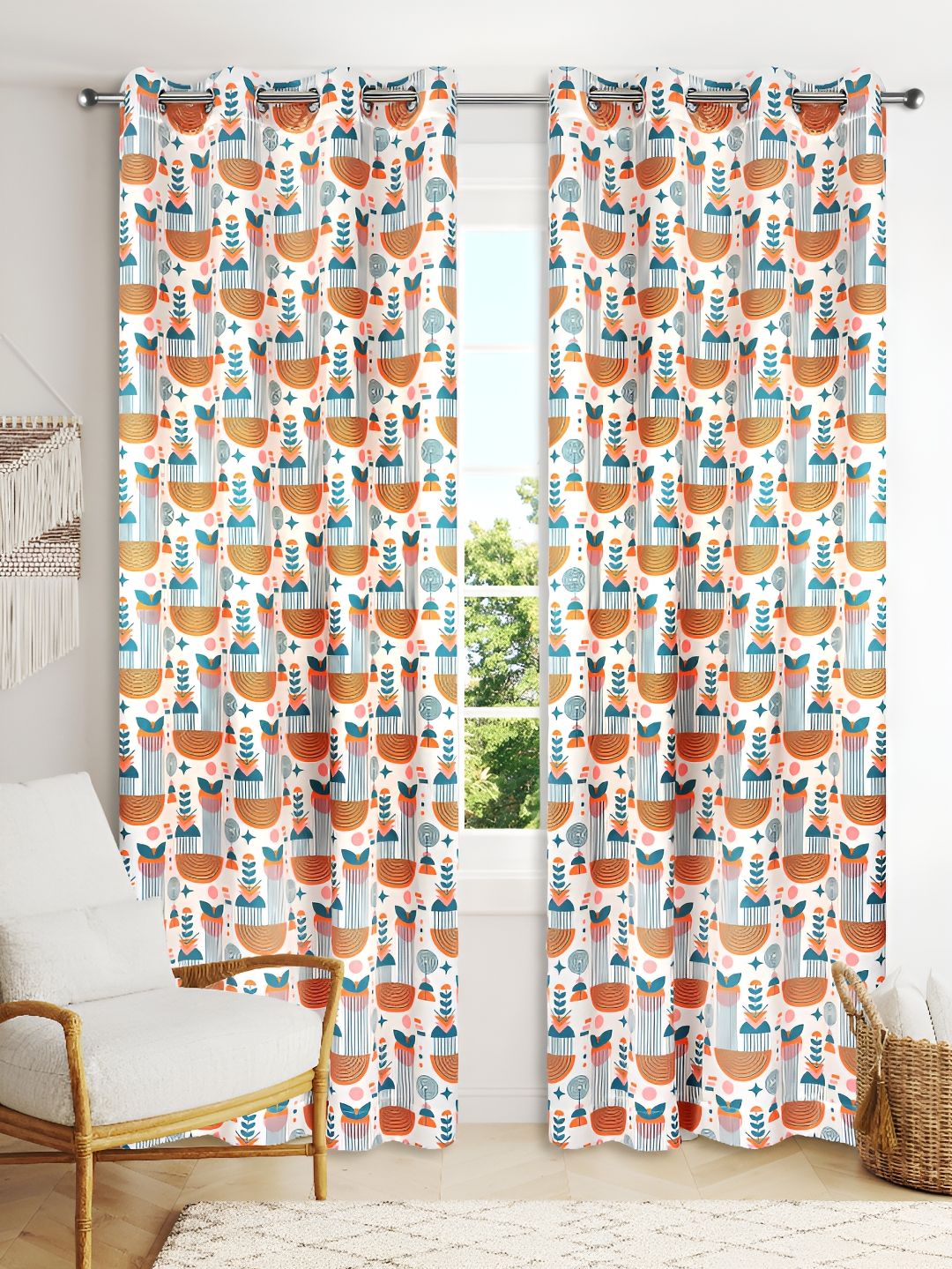 Vendola White & Orange 2 Pcs Floral Black Out Window Curtain-image-43