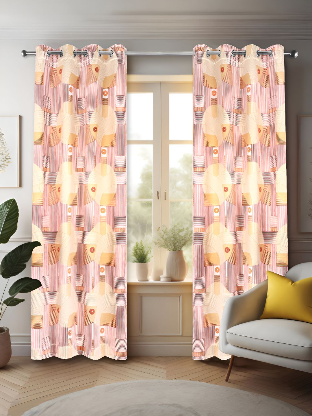 Vendola Red & White 2 Pcs Geometric Black Out Window Curtain-image-1