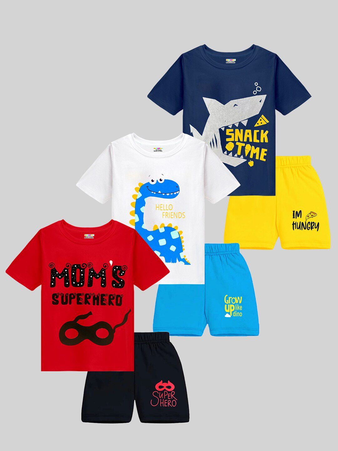 KUCHIPOO Boys Pack of 3 Printed Round Neck T-shirt with Shorts