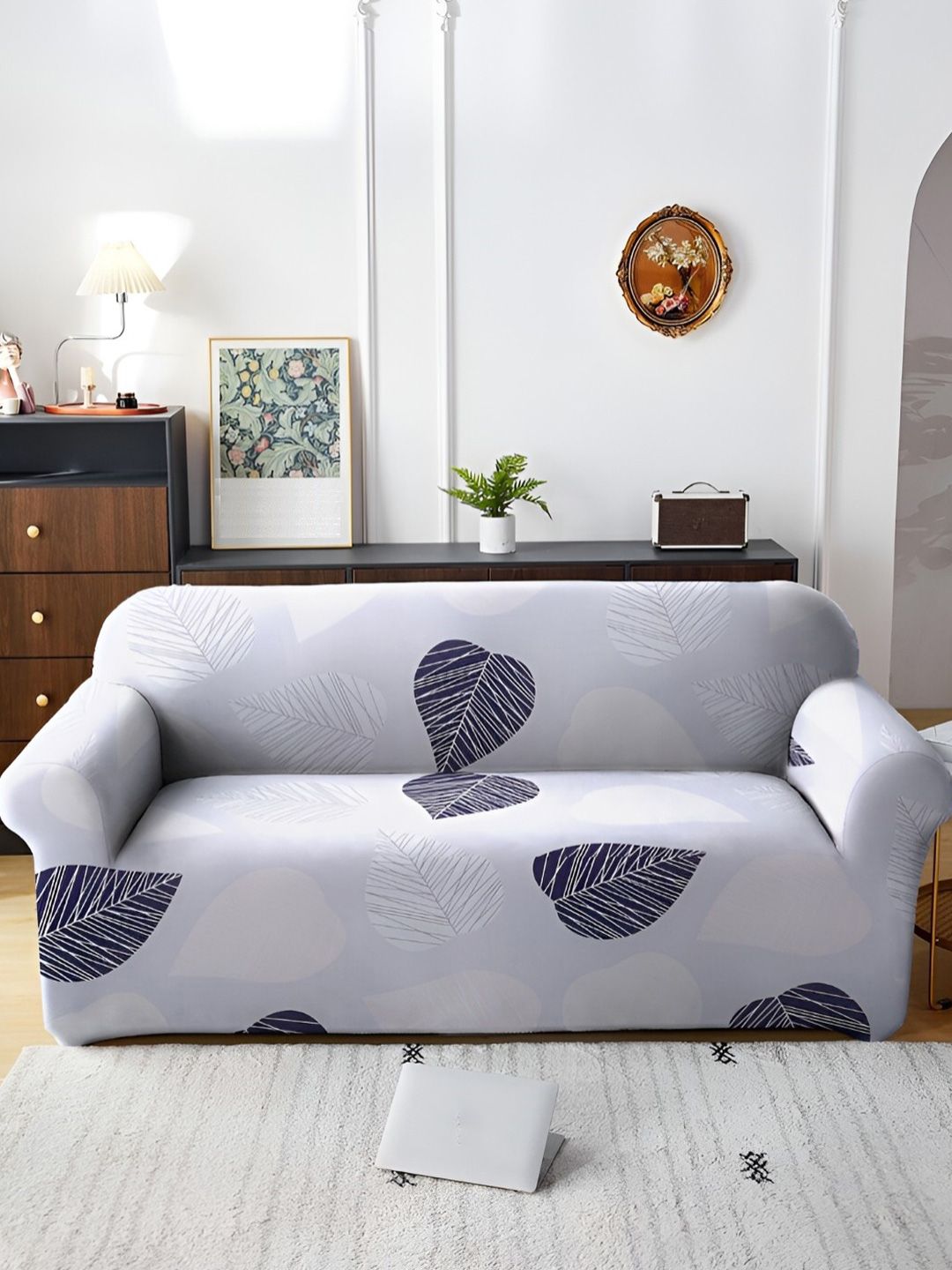 Aura Lavender & Grey Printed Three Seater Sofa Cover With Arms-image-39