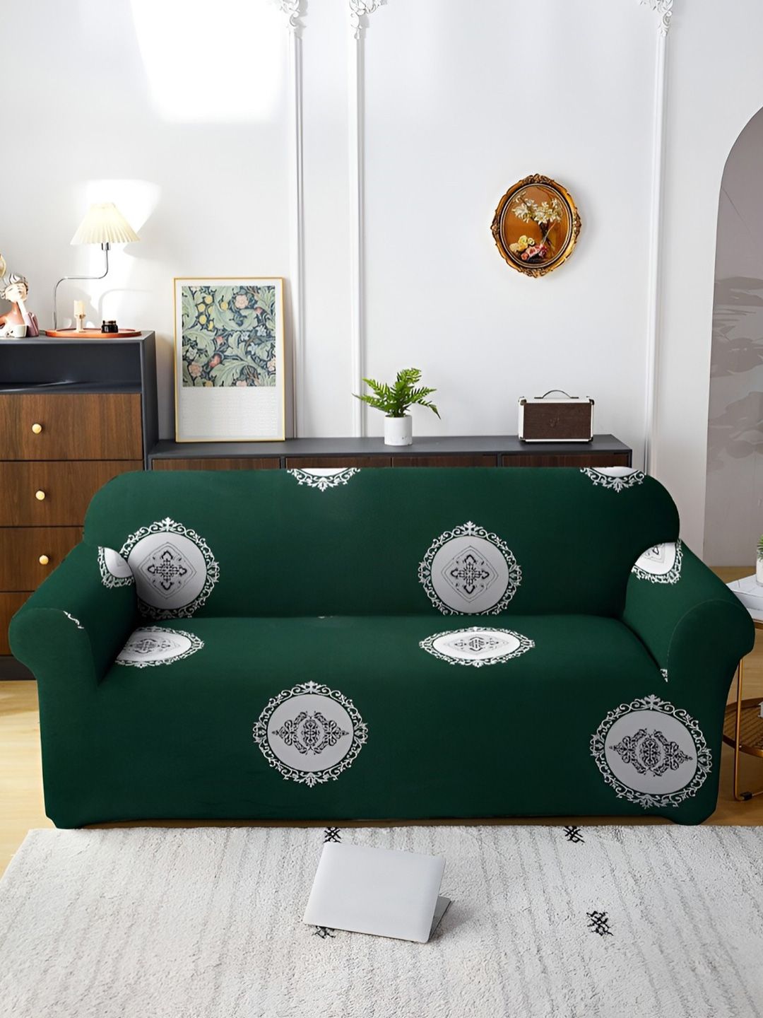 Aura Green & White Printed Three Seater Sofa Cover With Arms-picture-45