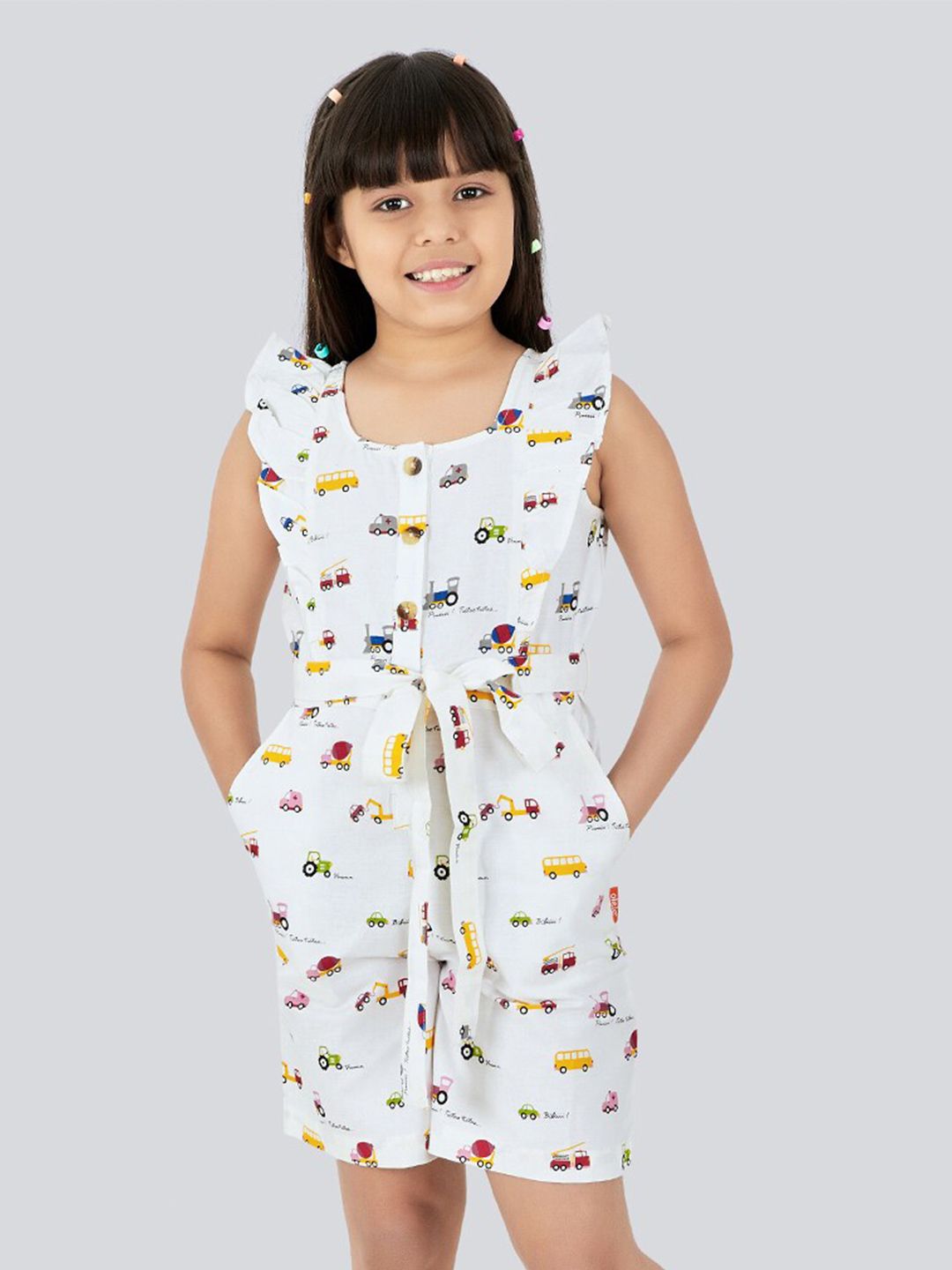 Olele Girls Printed Square Neck Ruffled Waist Tie-Ups Cotton Playsuit-picture-10