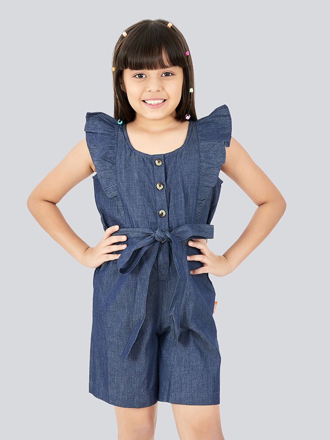 Olele Girls Ruffled Waist Tie-Ups Cotton Denim Playsuit-image-25