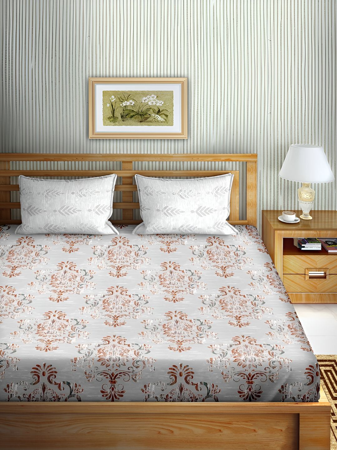 Aura Grey & Brown Floral Cotton 180 TC Double Queen Bedsheet with 2 Pillow Covers-picture-13
