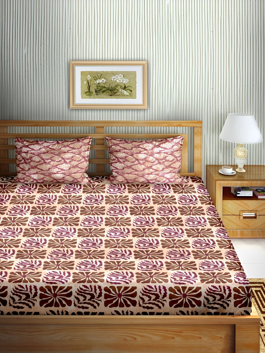 Aura Brown & Beige Geometric Cotton 180 TC Double Queen Bedsheet with 2 Pillow Covers-image-46