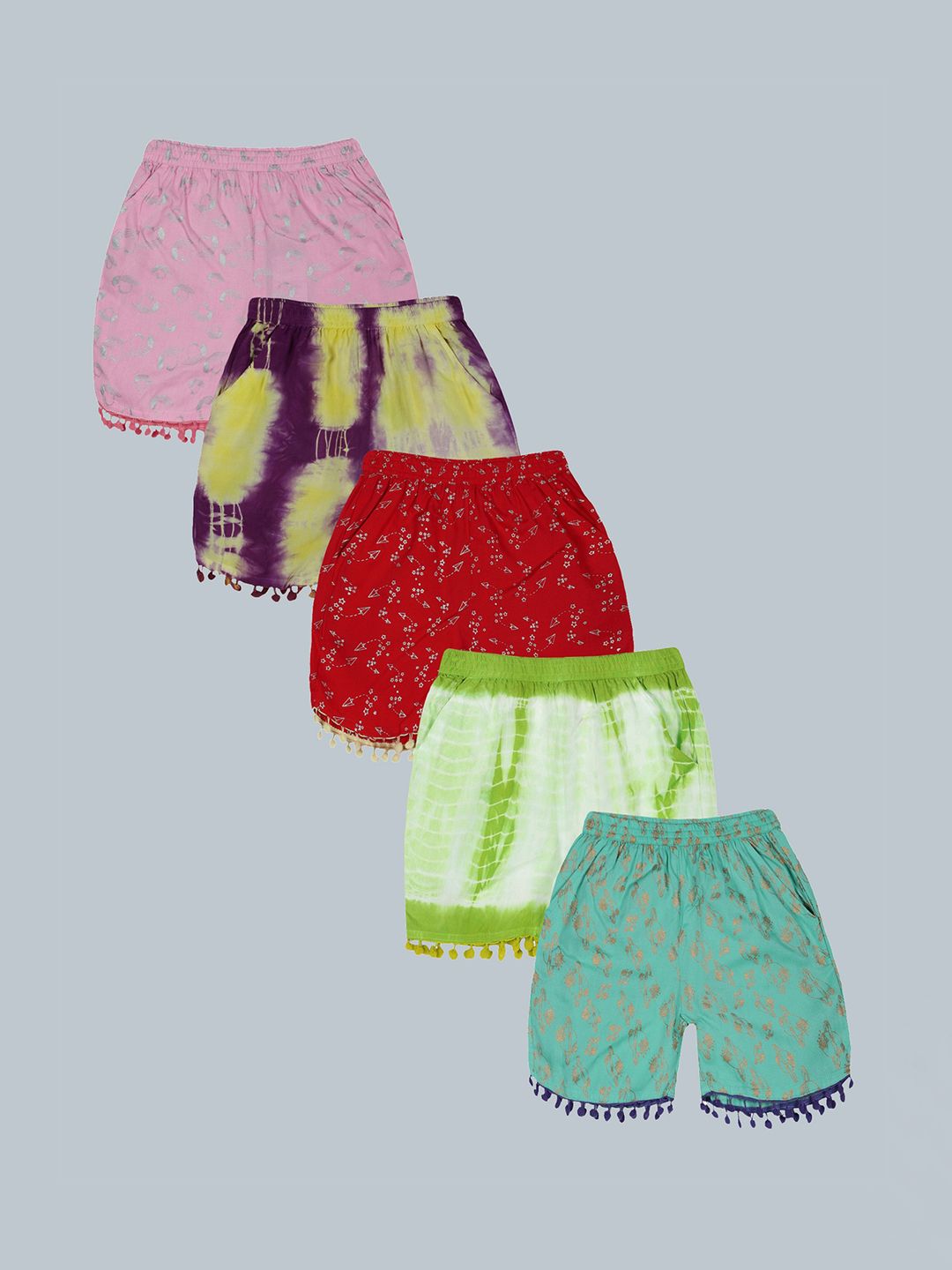 KiddoPanti Girls Pack of 5 Printed & Dyed Shorts-picture-19