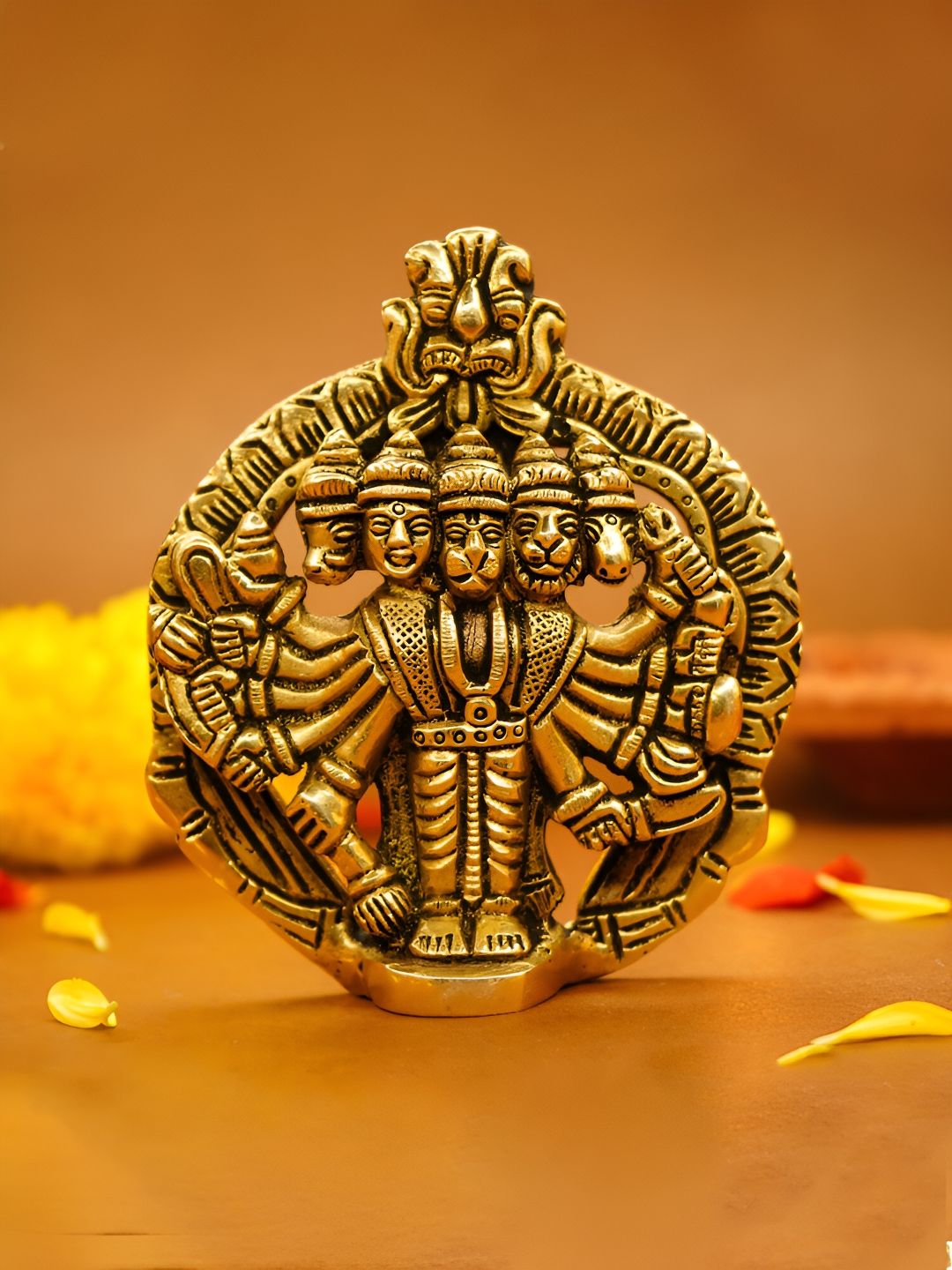 Ekhasa Gold-Toned Brass Religious Panchmukhi Hanuman Idol Showpiece for Wall Hanging-picture-32