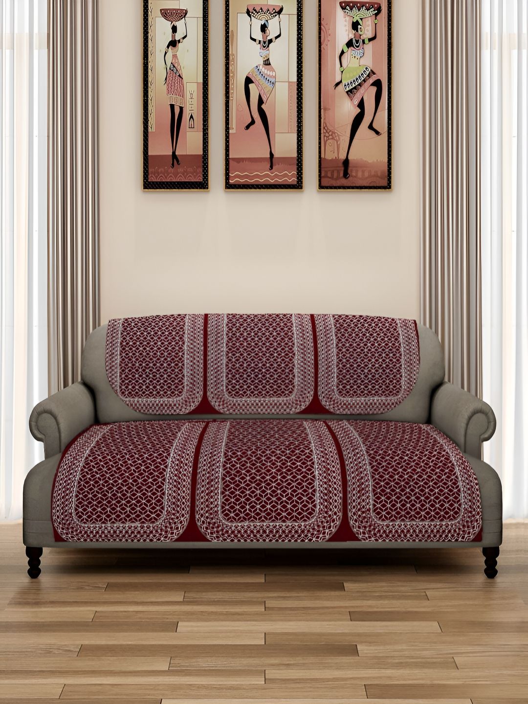 Aura Maroon & Cream-Coloured 6 Pieces Printed 5-Seater Sofa Covers-image-7
