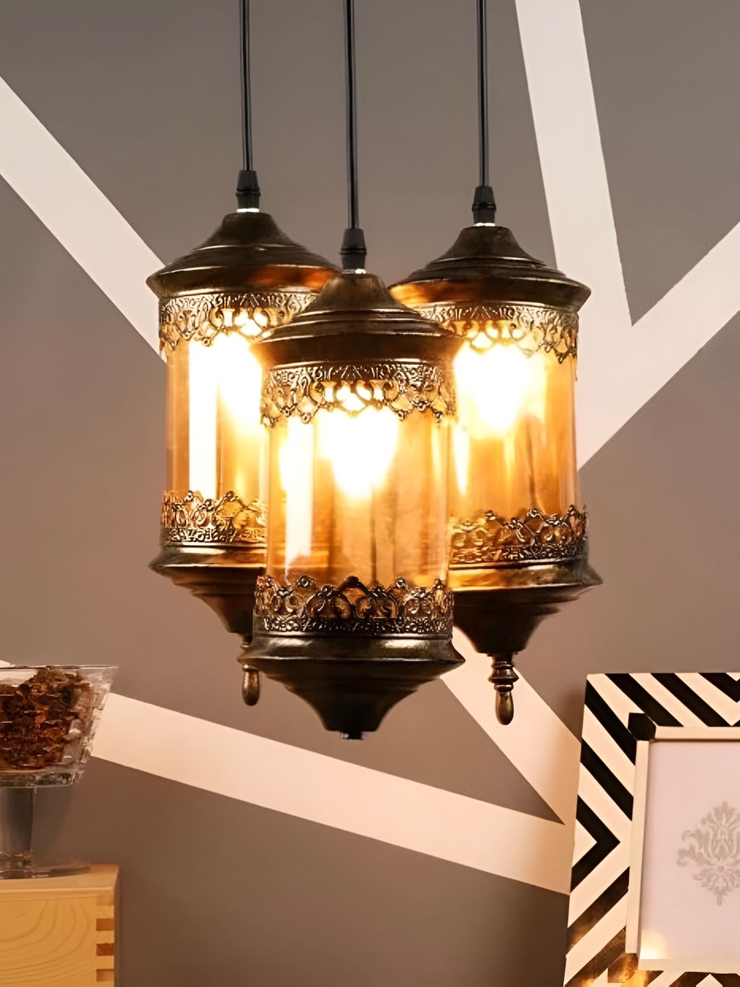 DENICRAAS Black & Brown Textured Iron Ceiling Lamps