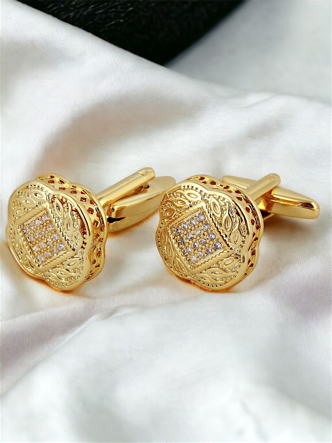 LUCKY JEWELLERY Gold Plated AD Stone Studded Textured Geometric Blazer Cufflinks-image-17