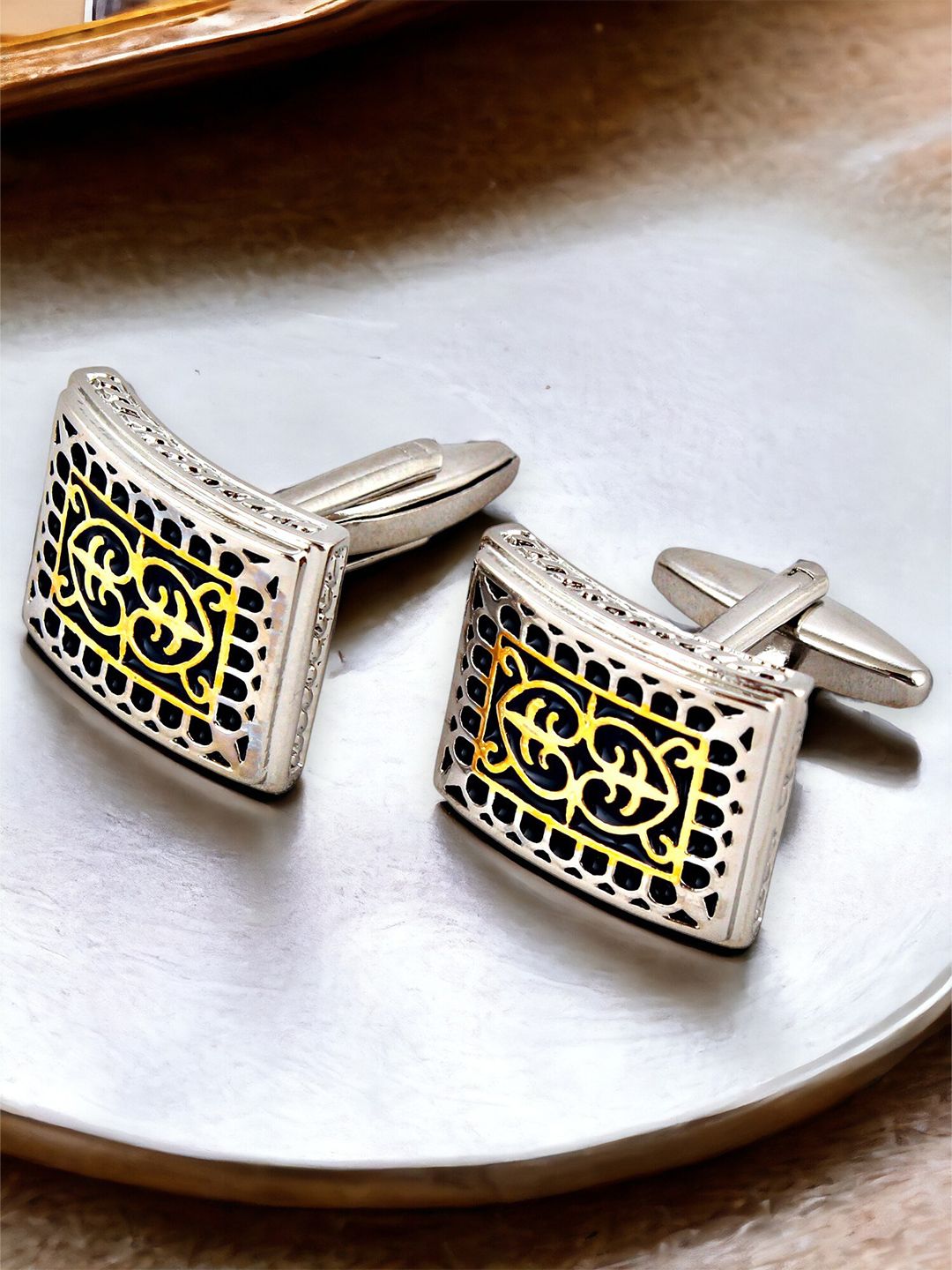 LUCKY JEWELLERY Silver Plated Textured Rectangle Blazer Cufflinks-image-45
