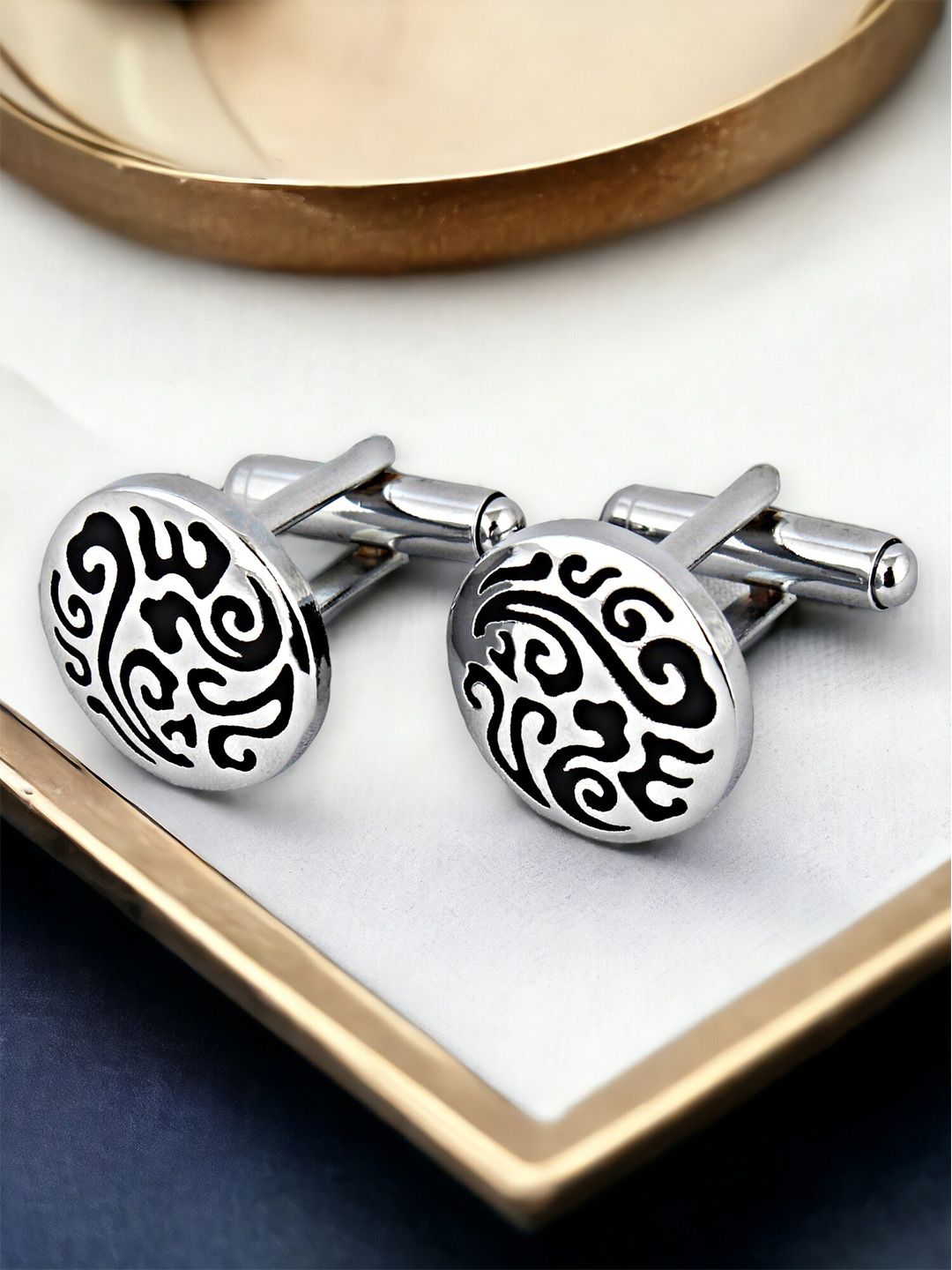 LUCKY JEWELLERY Silver Plated Printed Round Blazer Cufflinks-picture-32