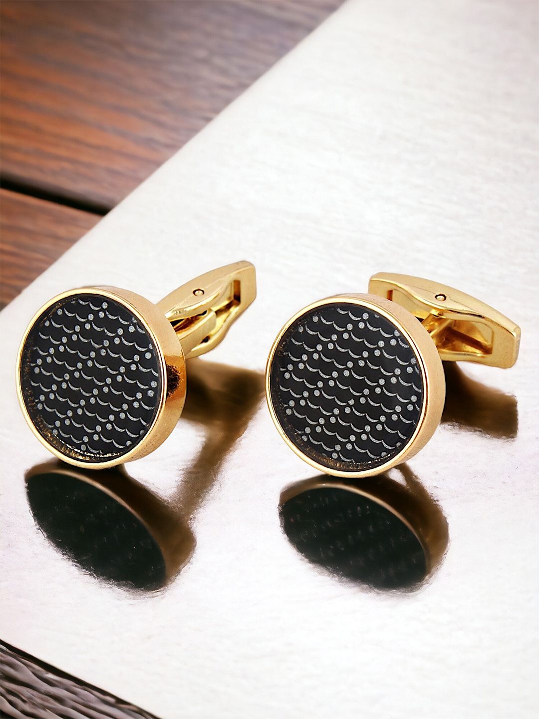LUCKY JEWELLERY Gold Plated Printed Round Blazer Cufflinks-picture-14