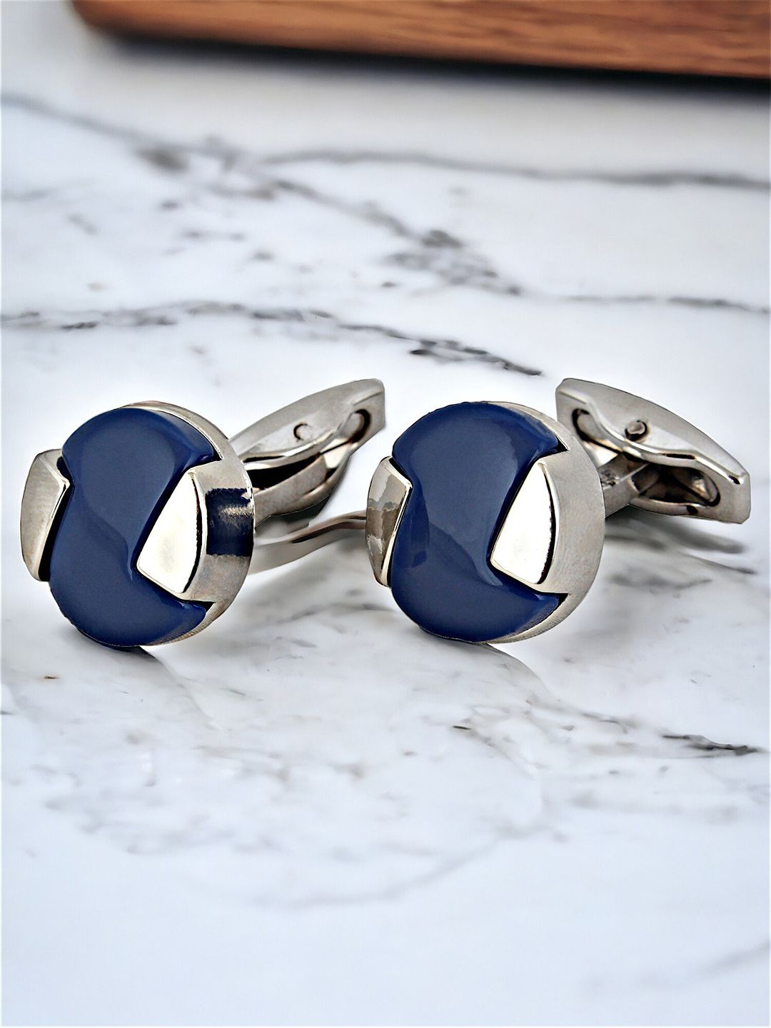 LUCKY JEWELLERY Silver Plated Textured Round Blazer Cufflinks-picture-52
