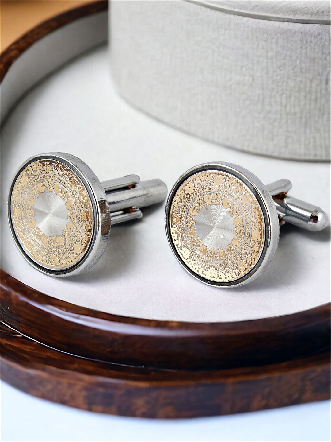 LUCKY JEWELLERY Silver Plated Printed Round Blazer Cufflinks-picture-44