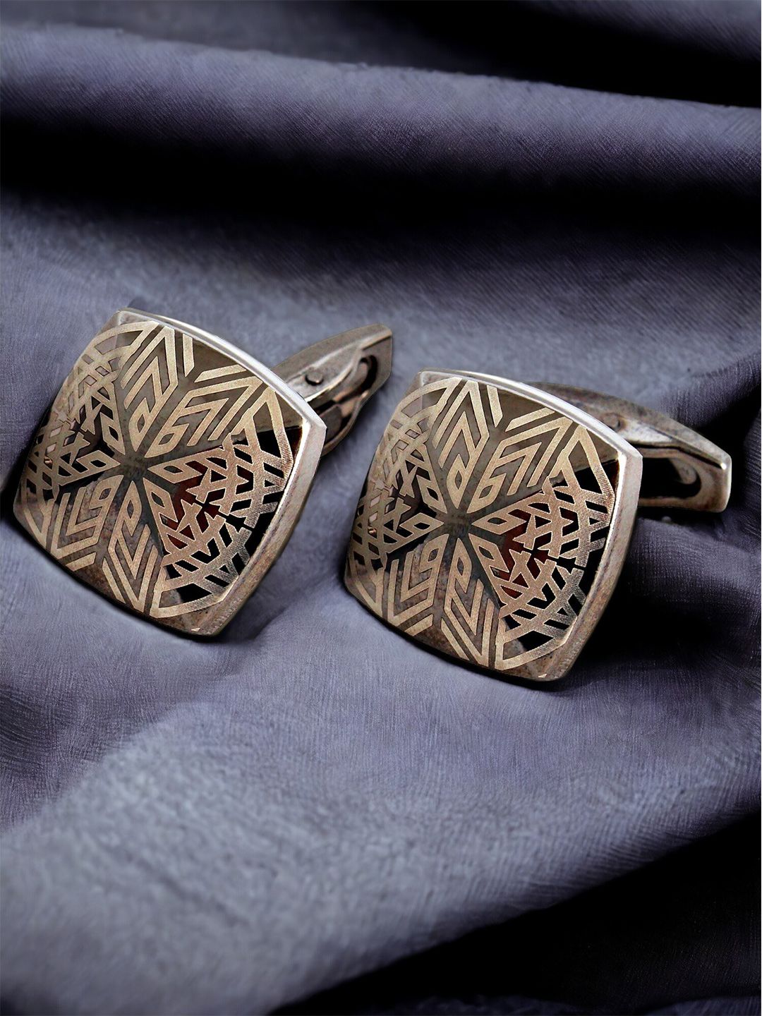 LUCKY JEWELLERY Silver Plated Textured Geometric Blazer Cufflinks-image-13