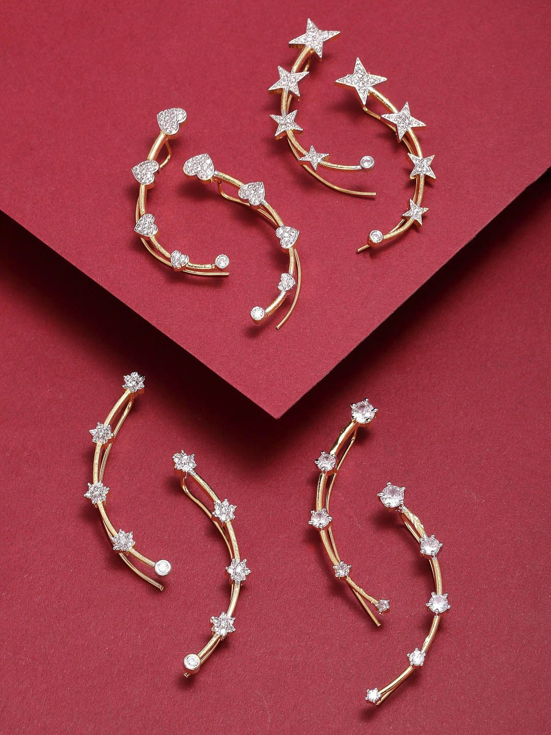 ZENEME Set of 4 Gold-Plated Cubic Zirconia Studded Ear Cuff Earrings-picture-32