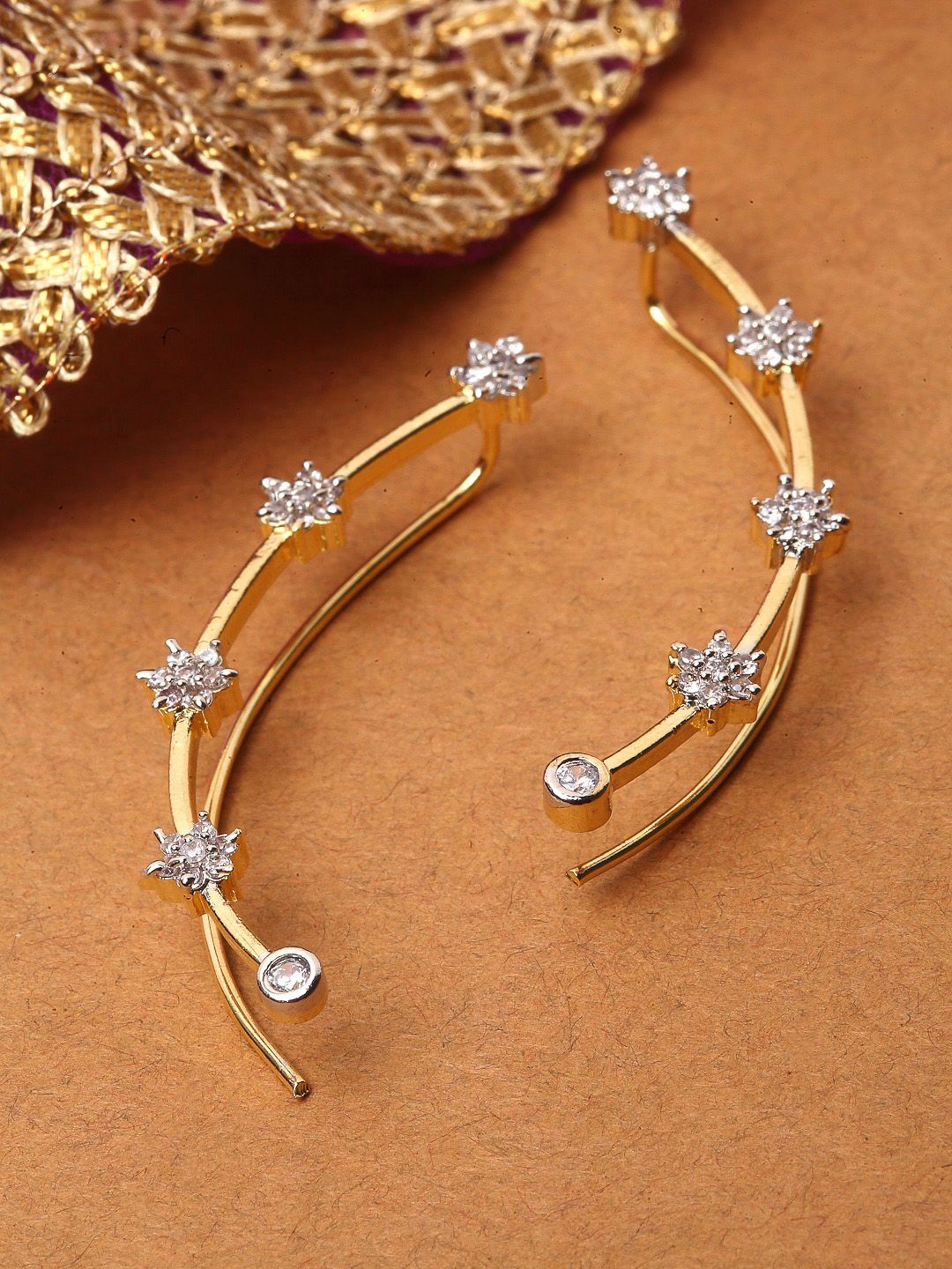 ZENEME Gold-Plated Cubic Zirconia Studded Ear Cuffs Earrings-picture-54