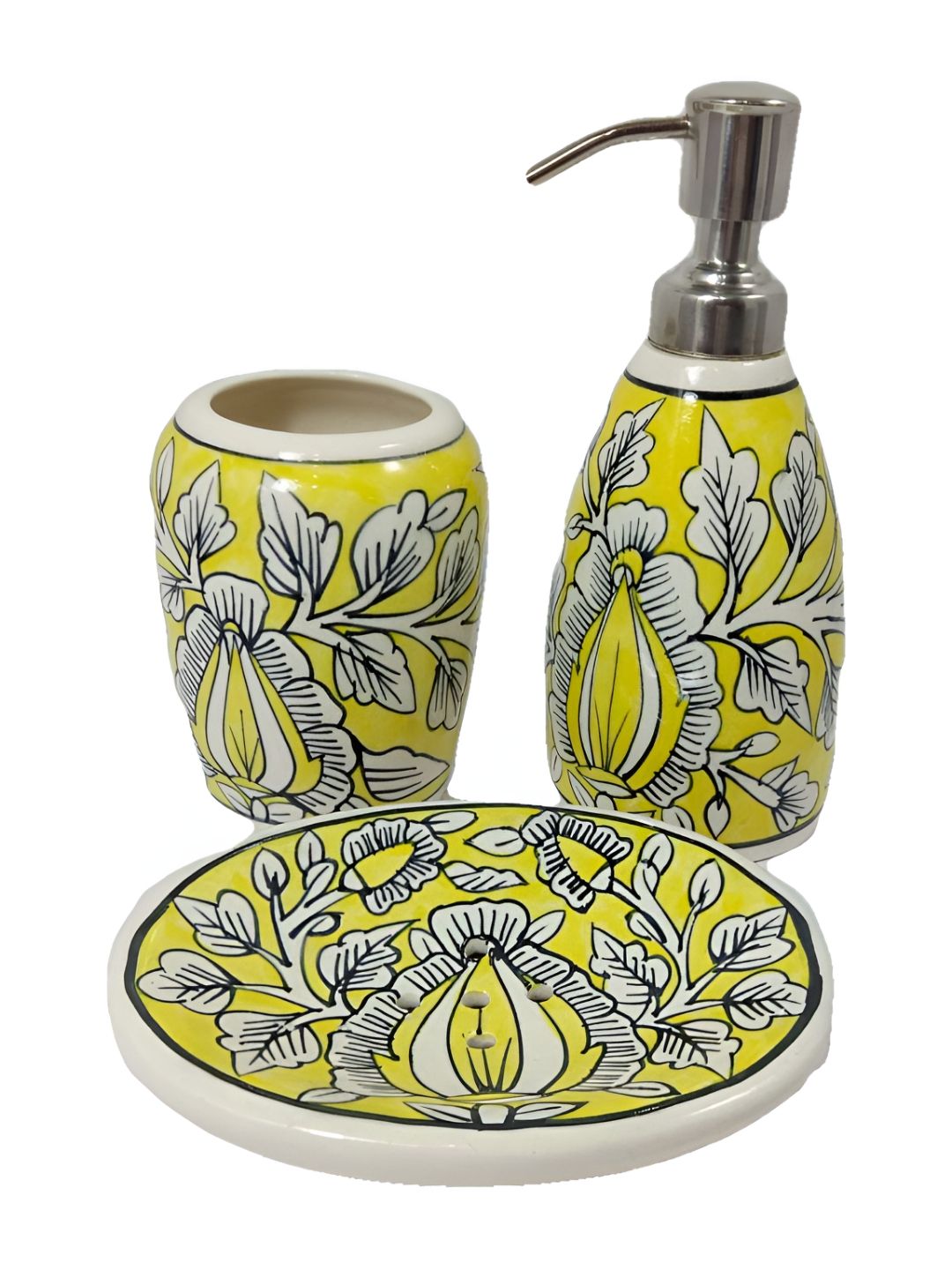 INDIA MEETS INDIA Yellow 3 Pieces Printed Ceramic Bath Accessories Set-picture-51