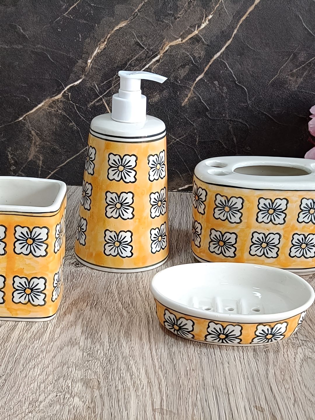 INDIA MEETS INDIA Yellow 4 Piece Floral Printed Ceramic Bath Accessories Set-picture-53