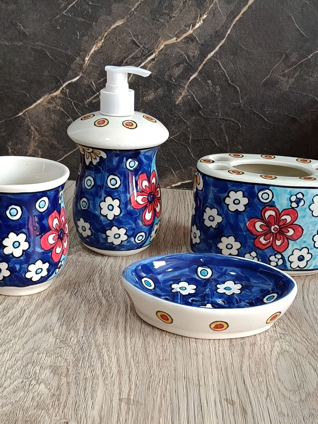 INDIA MEETS INDIA Blue 4 Piece Floral Printed Ceramic Bath Accessories Set-image-26