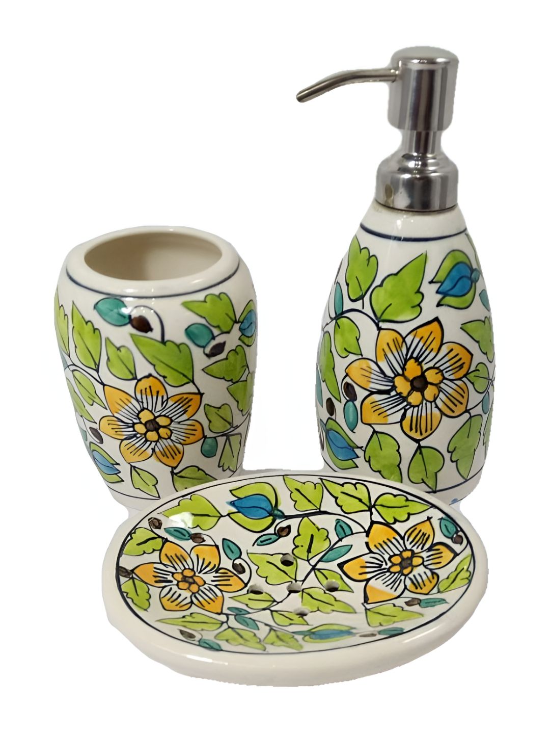 INDIA MEETS INDIA Green 3 Piece Floral Printed Ceramic Bath Accessories Set-image-24