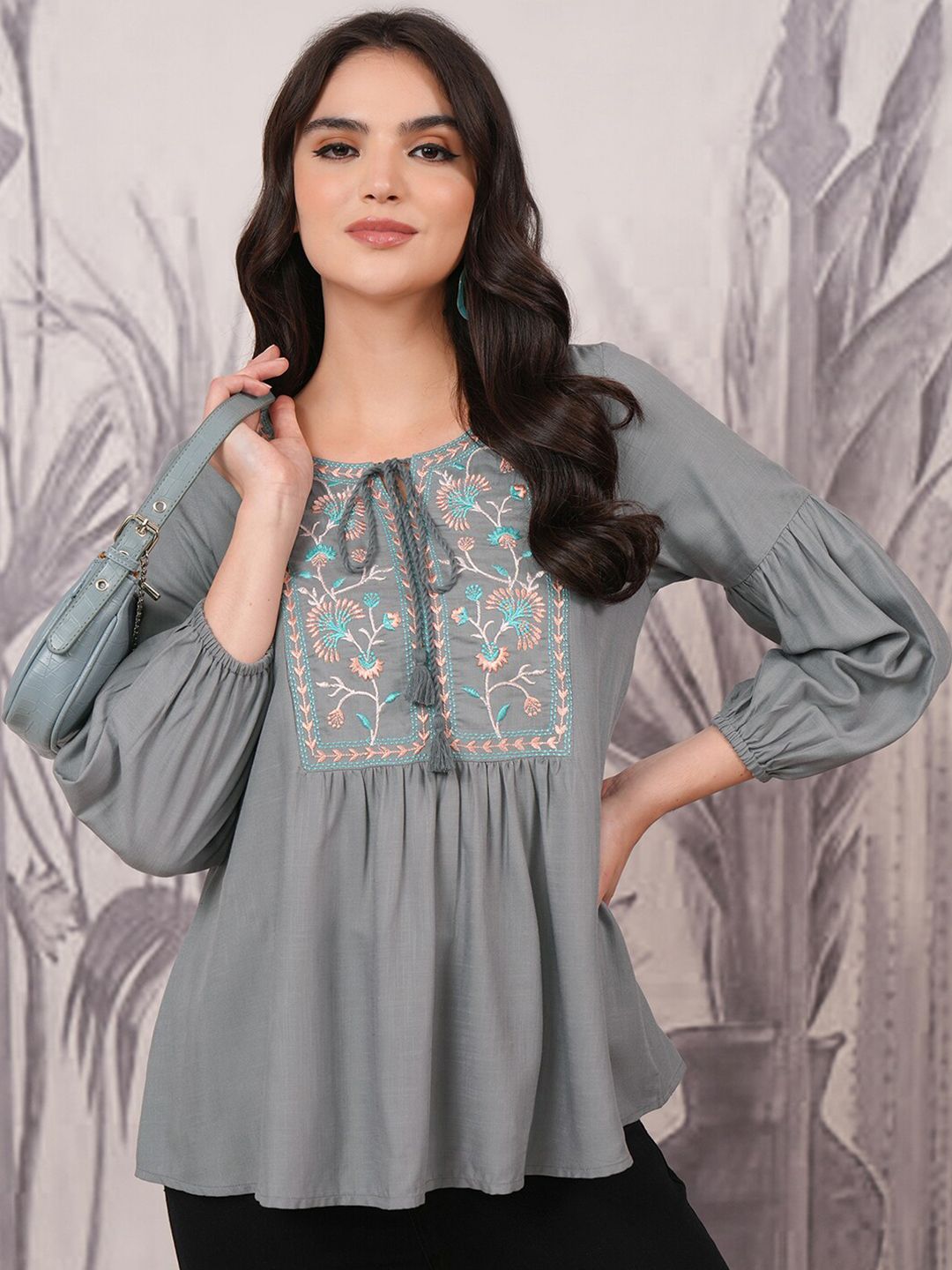 Vishudh Floral Print Tie-Up Neck Puff Sleeves A-Line Top-picture-29