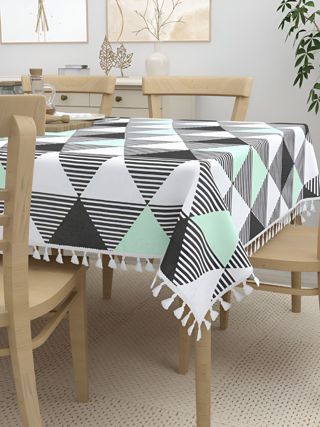 HOME AFFAIRS Sea Green and Black Geometric Printed Anti-Slip Cotton 6-Seater Table Cover-picture-11