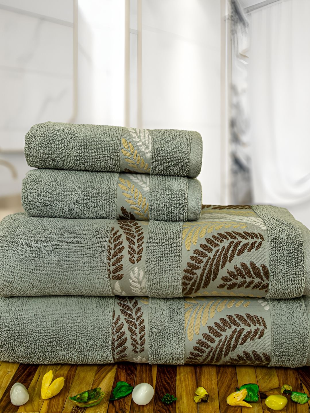 RANGOLI Green & Brown Self Design 4 Piece Pure Cotton 450 GSM Towel Set