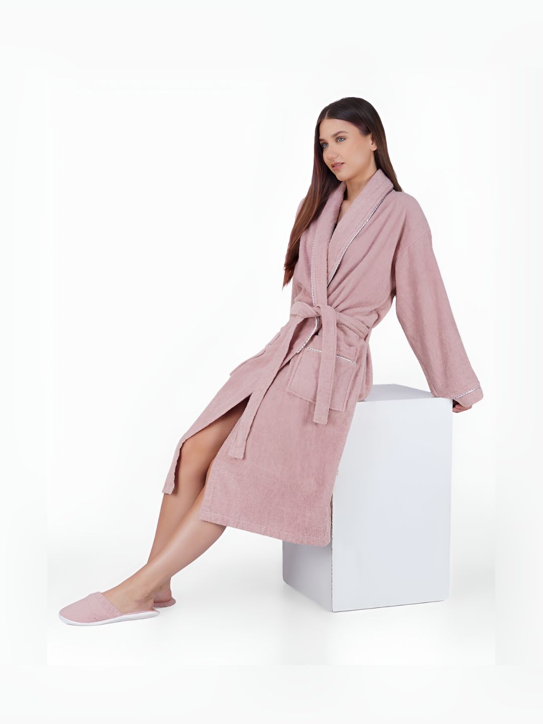 Aura Women 550 GSM Pure Cotton Bath Robe With Matching Slippers-image-30