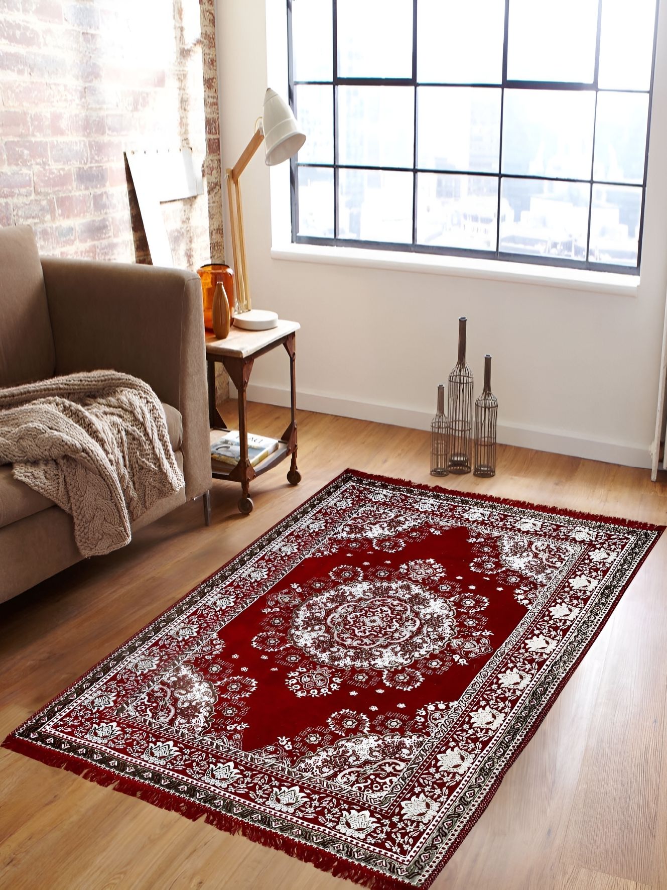 ZESTURE Maroon & White Floral Printed Carpet-image-24