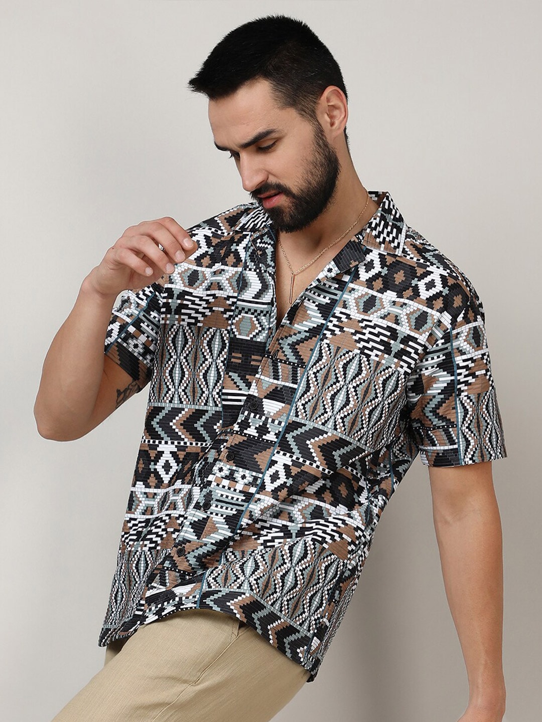 Campus Sutra Brown Classic Ethnic Motifs Printed Cuban Collar Casual Shirt