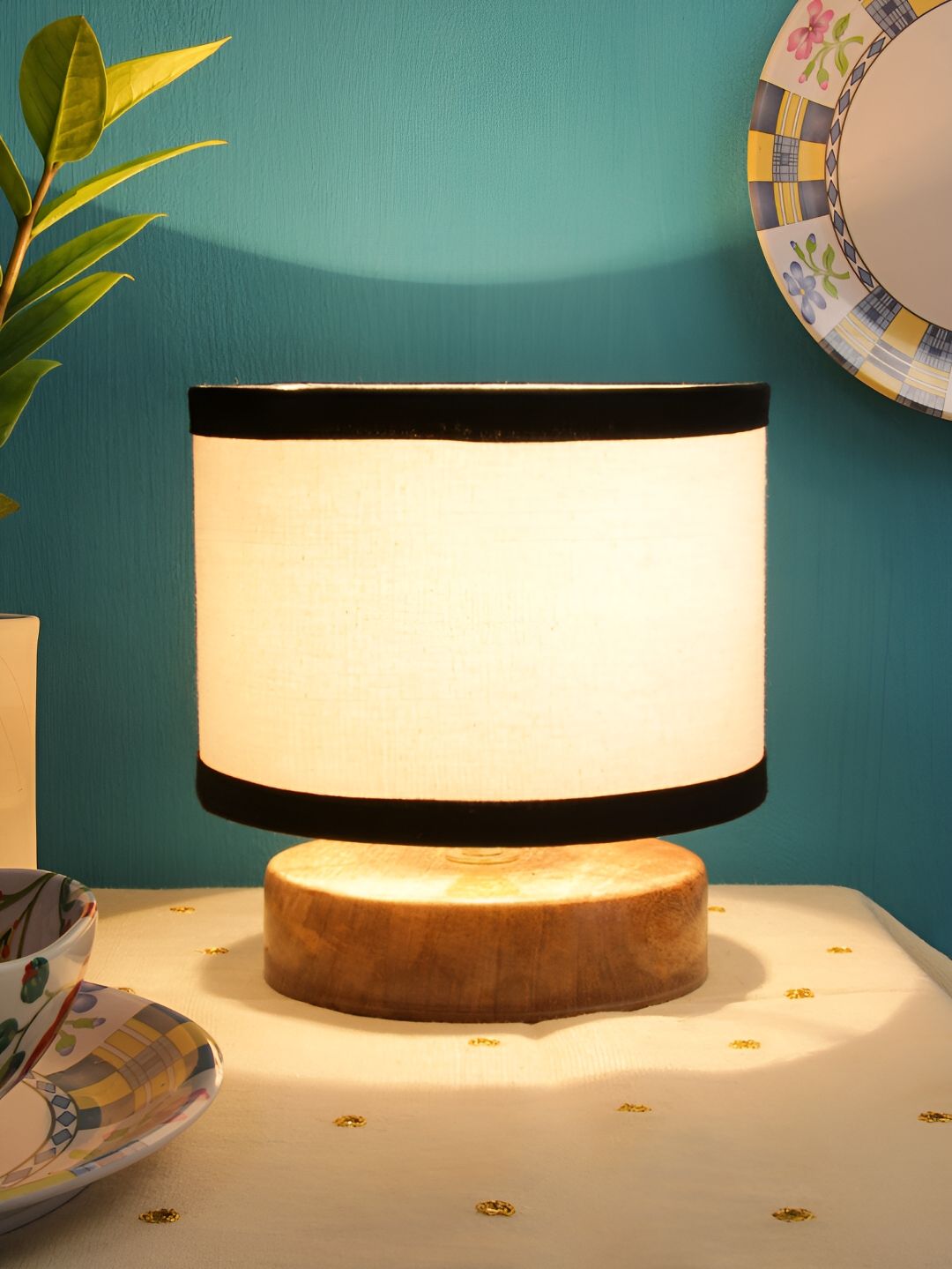 Devansh White Wooden Traditional Cylindrical Shaped Table Lamp-picture-40