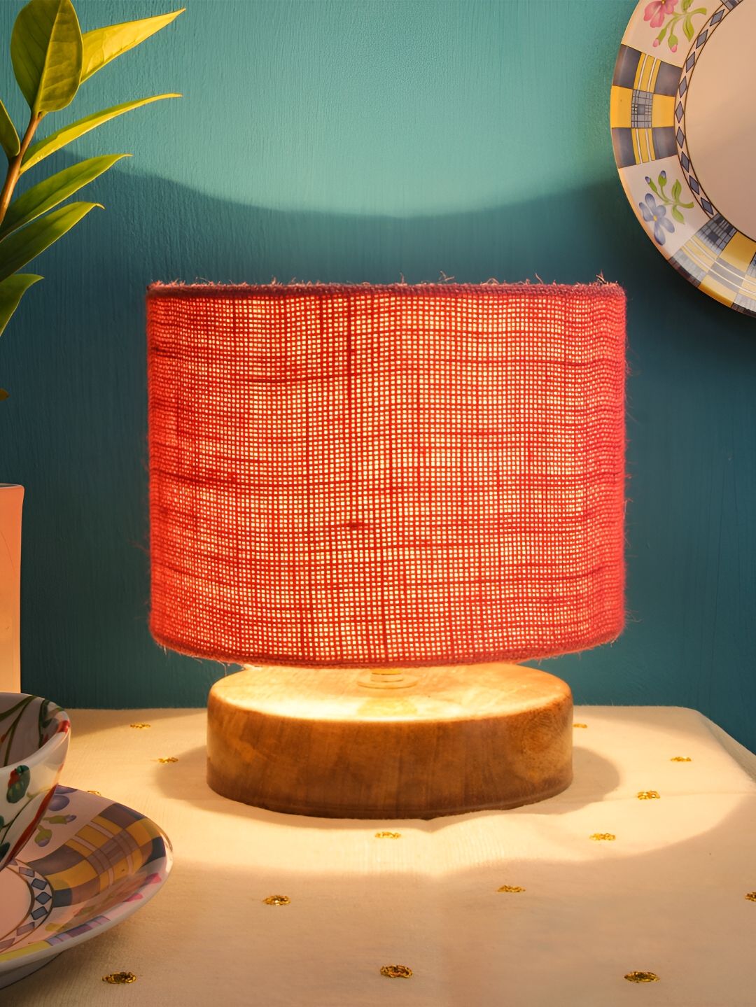 Devansh Pink Wooden Cylindrical Shaped Table Lamp-image-3