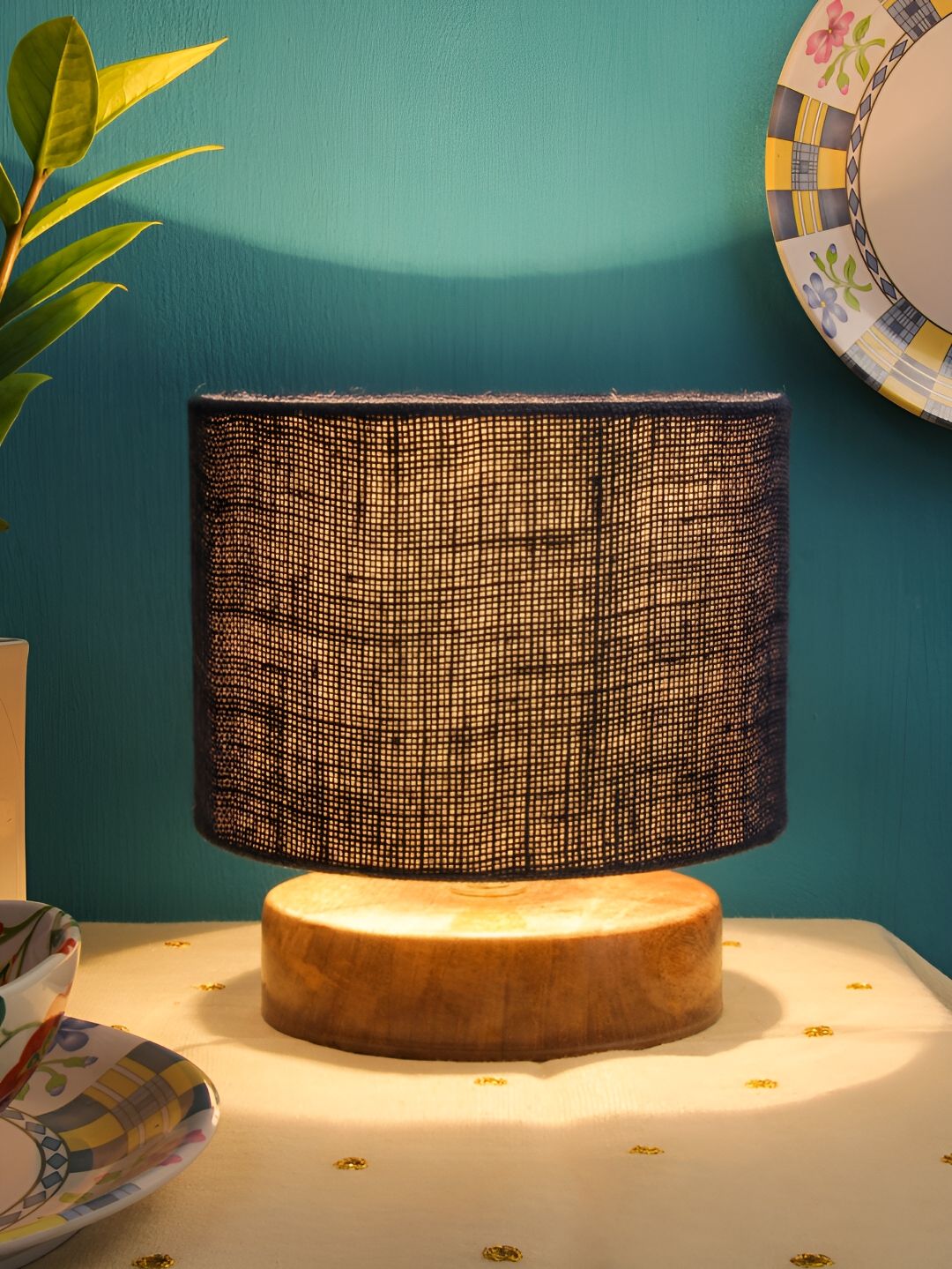 Devansh Blue Wooden Cylindrical Shaped Table Lamp-image-15