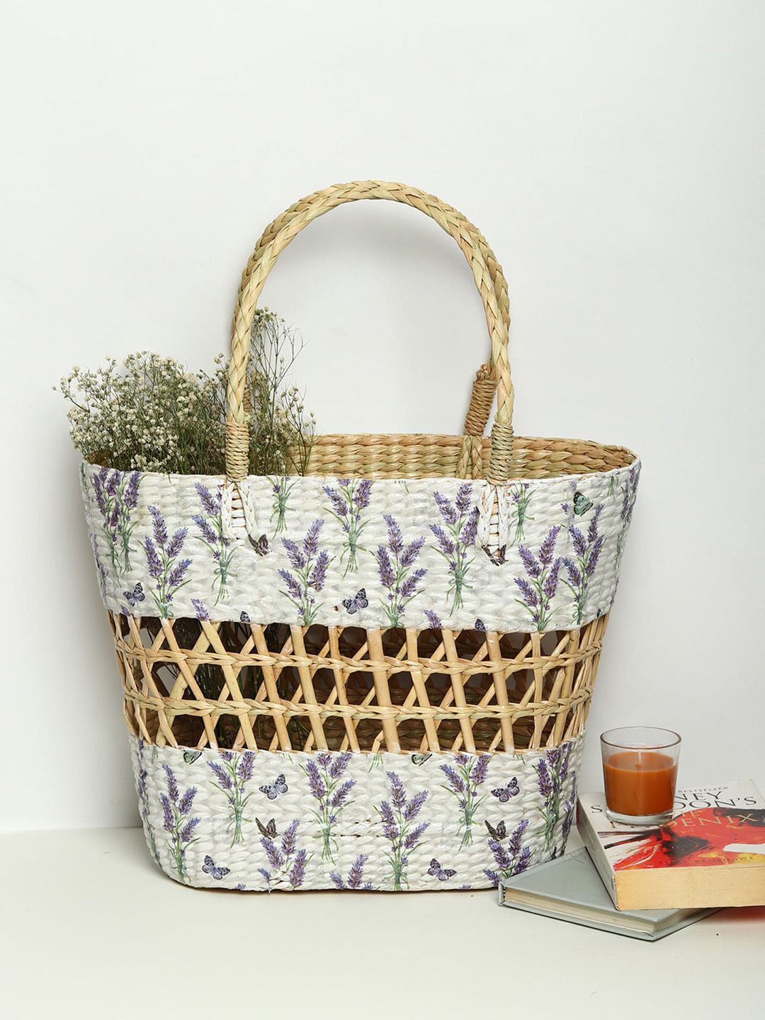 HABERE INDIA White Floral Seagrass Reusable Tote Basket-picture-28