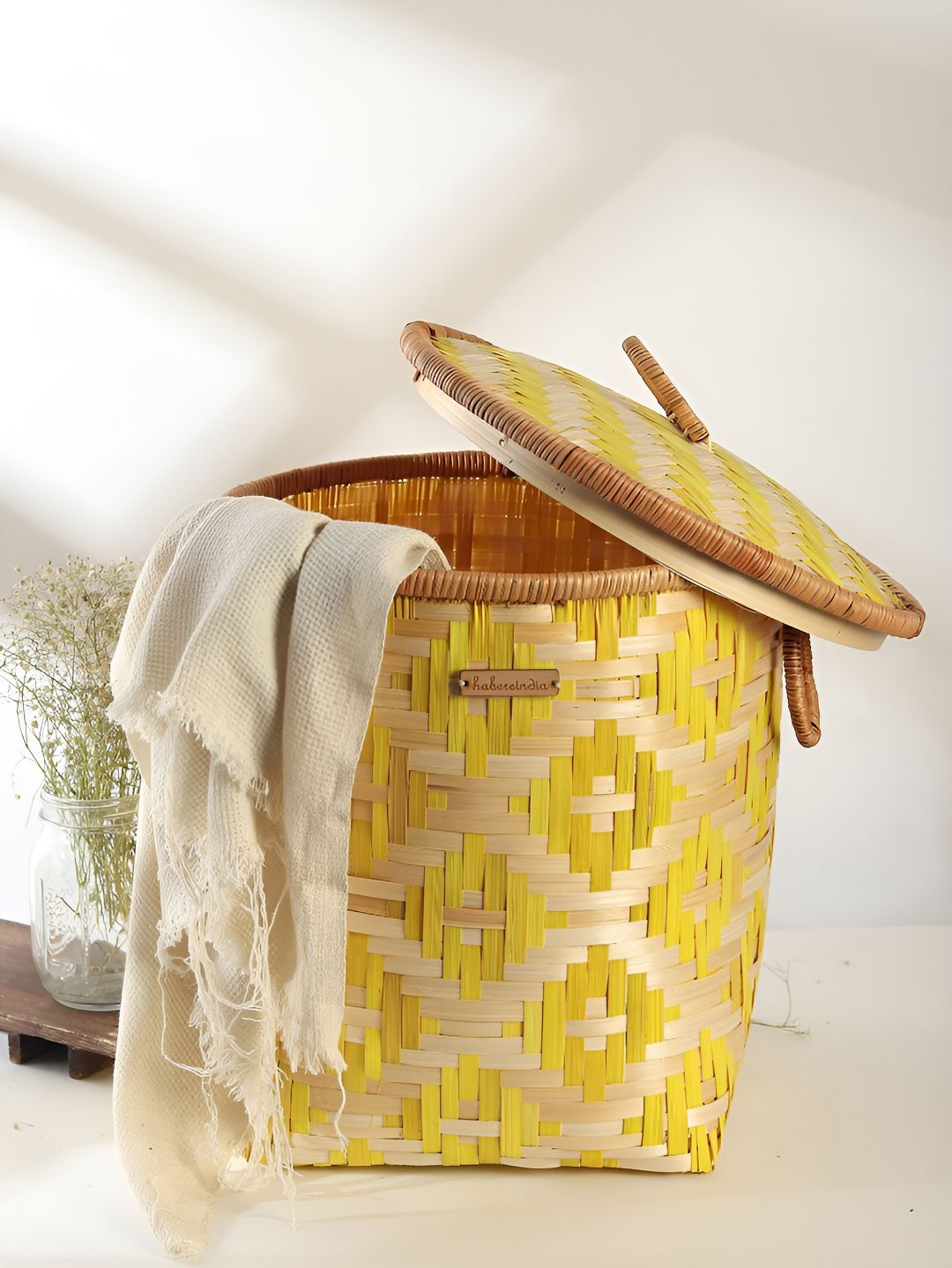 HABERE INDIA Yellow & Beige Bamboo Laundry Storage Basket-picture-18