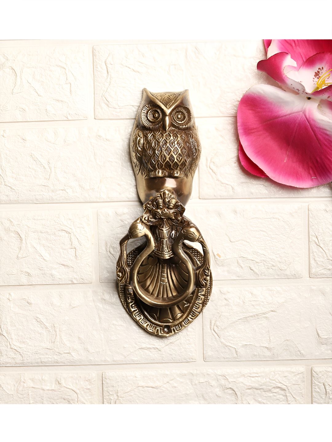 Two Moustaches Brown Owl Over Twin Peacock Ring Brass Door Knocker-image-20