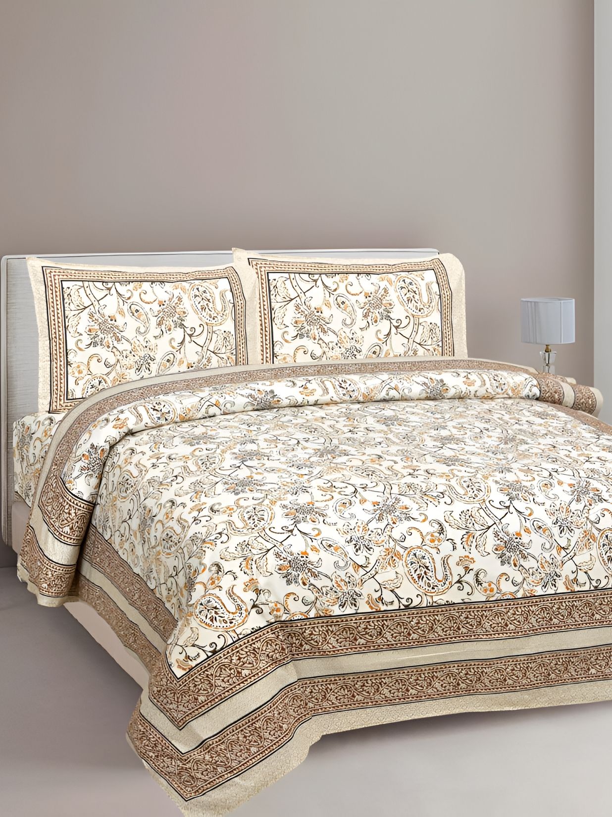 JAIPUR FABRIC White & Brown Floral Cotton 210 TC King Bedsheet With 2 Pillow Covers