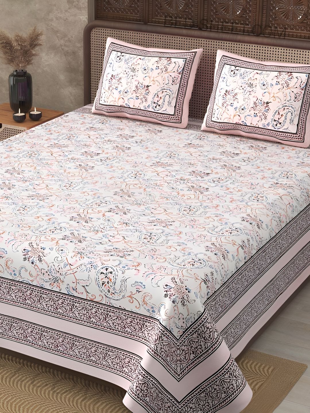 JAIPUR FABRIC White & Blue Paisley Cotton 210 TC King Bedsheet With 2 Pillow Covers-image-31