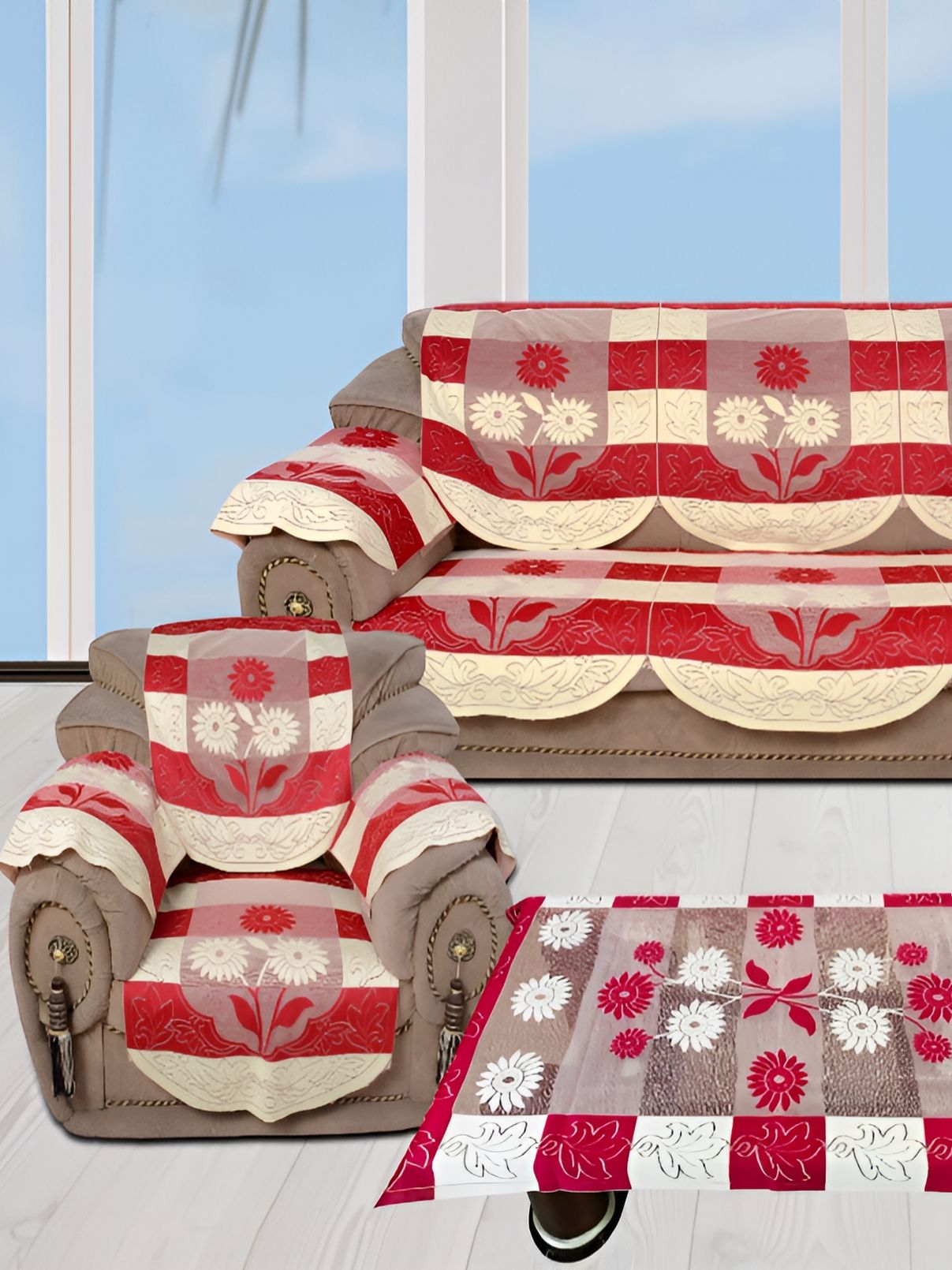 BIGGER FISH Maroon Cream Embroidered 5 Seater Sofa Cover-image-26