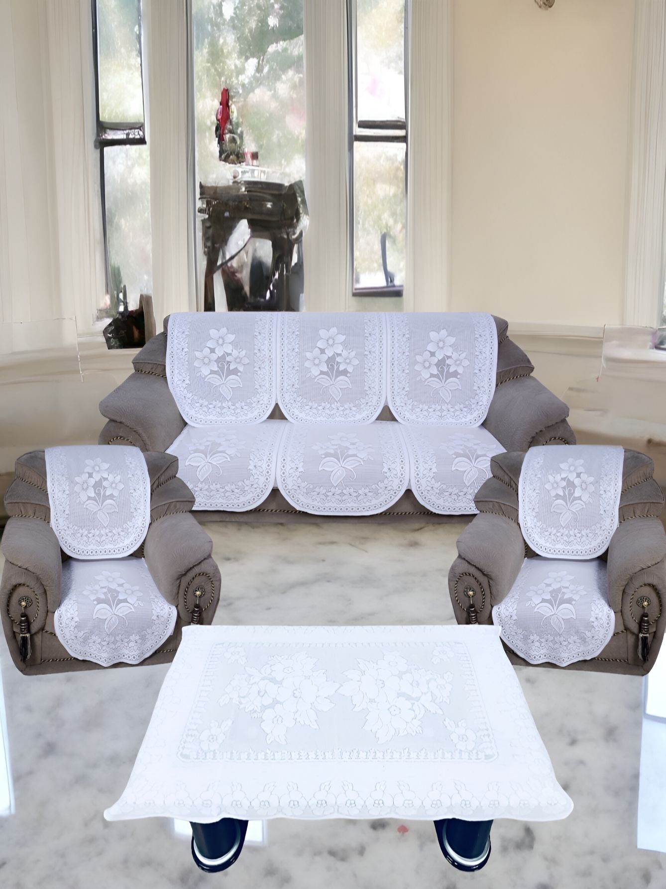 BIGGER FISH White Floral 10 Pieces 5 Seater Sofa Cover-picture-44
