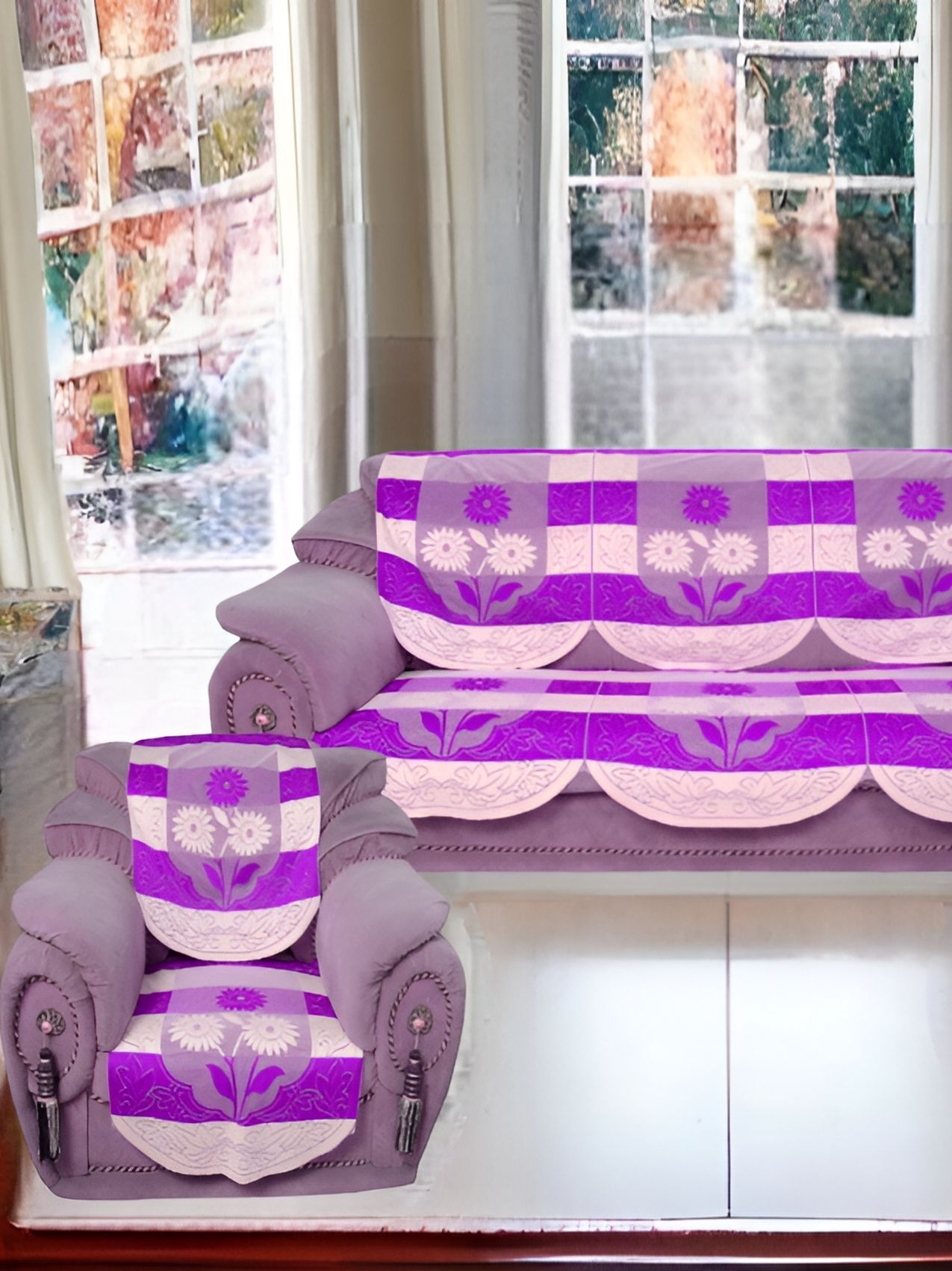 BIGGER FISH Purple & Pink 10 Pieces Self Design 5 Seater Sofa Cover-image-39