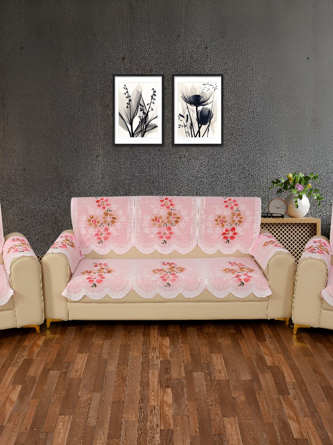 BIGGER FISH Pink and White 6 Pieces Self Design Sofa Covers-image-6
